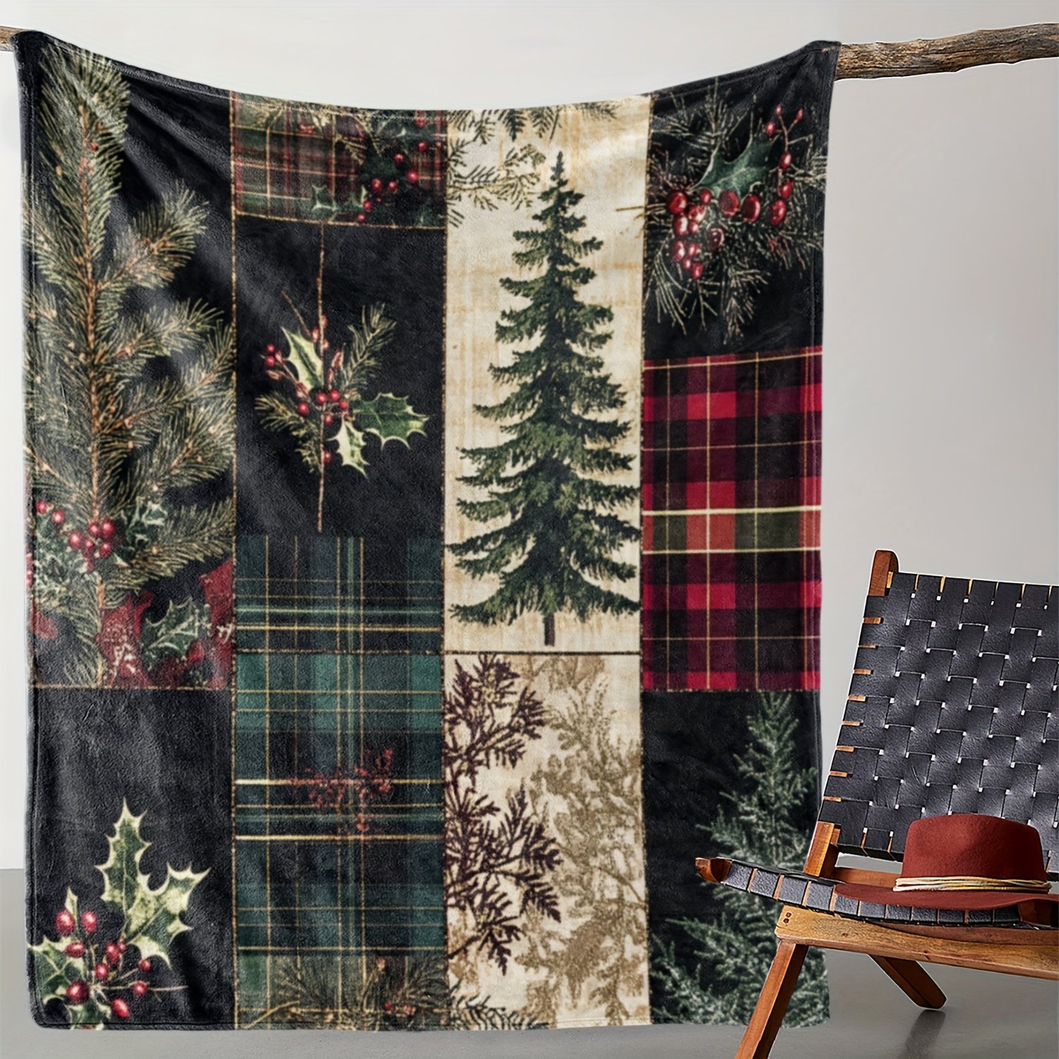 

Vintage Christmas Tree & Holly Flannel Throw Blanket - Soft, For Couch, Bed, Car, Office, Camping | Gift Blanket,