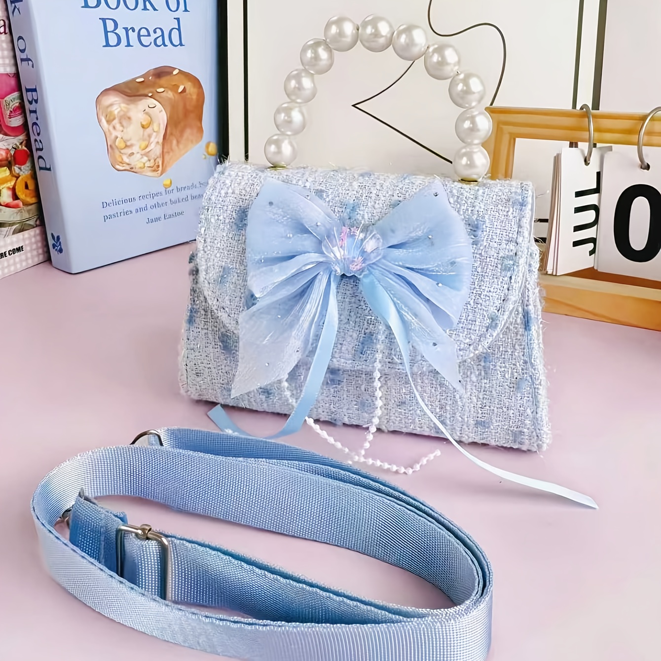 TEMU 1個 女の子用ネットフリップトップハンドバッグ リボン＆メッシュ付き パールデコレーション対応 調節可能なクロスボディストラップ 軽量 学校・パーティー・日常使いに最適 マグネットクロージャーポーチ バックトゥスクール（お出かけ用） ティーンエイジャー向...