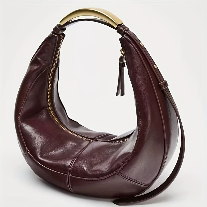 Retro Crescent Bag Design Metal Handle Small Handbag Shoulder Underarm Bag, Suitable For Travel, Going Out, And Shopping