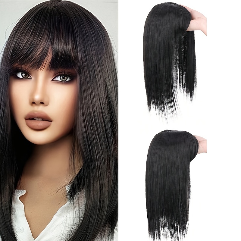 14inch hair toppers for women with thinning hair synthetic clip in hair pieces large base wiglets with bangs hair extension hairpieces synthetic straight hair pieces with bangs details 1