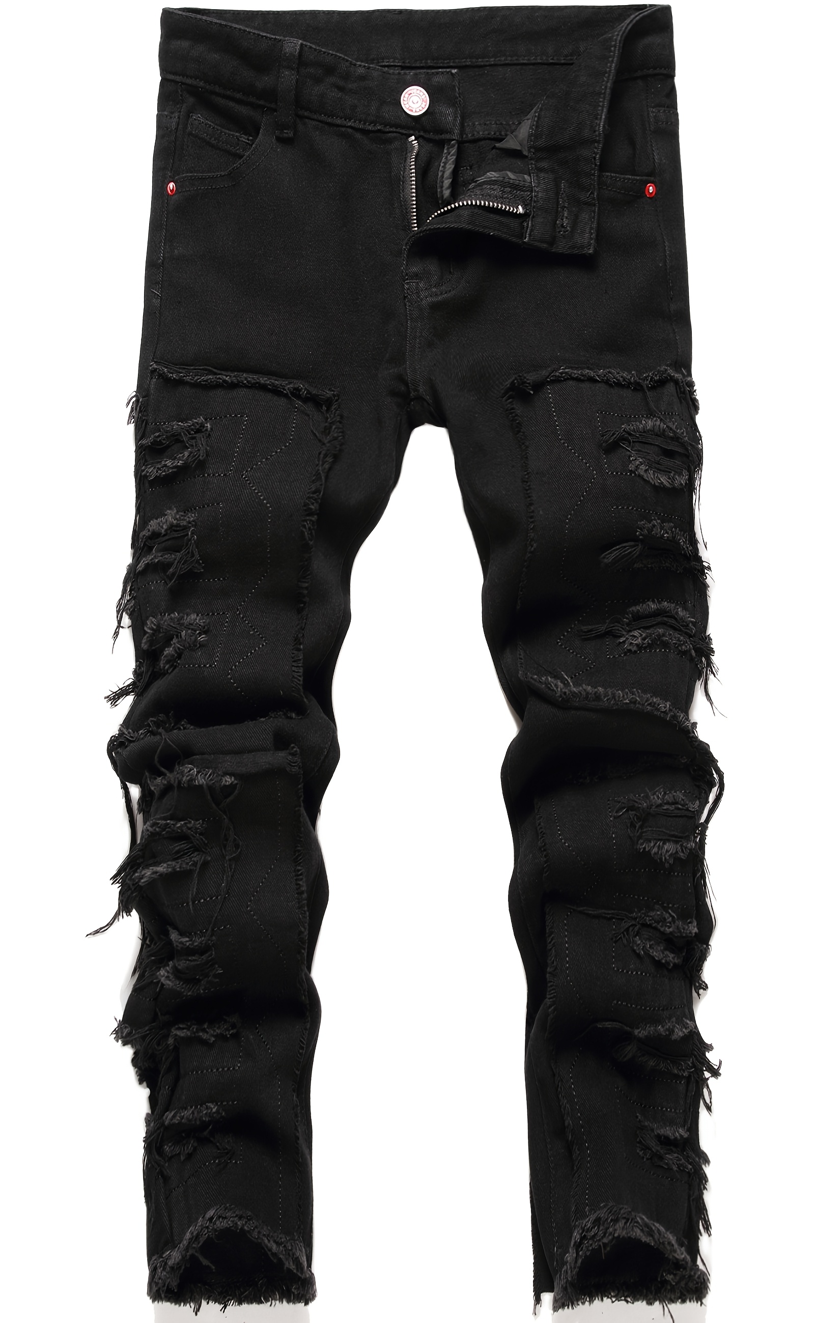 Black Stacked Jeans For Boys Fit Ripped Distressed Fashion Skinny Jeans,  Trendy Hip Hop Streetwear Denim Jeans, Pants For Kids
