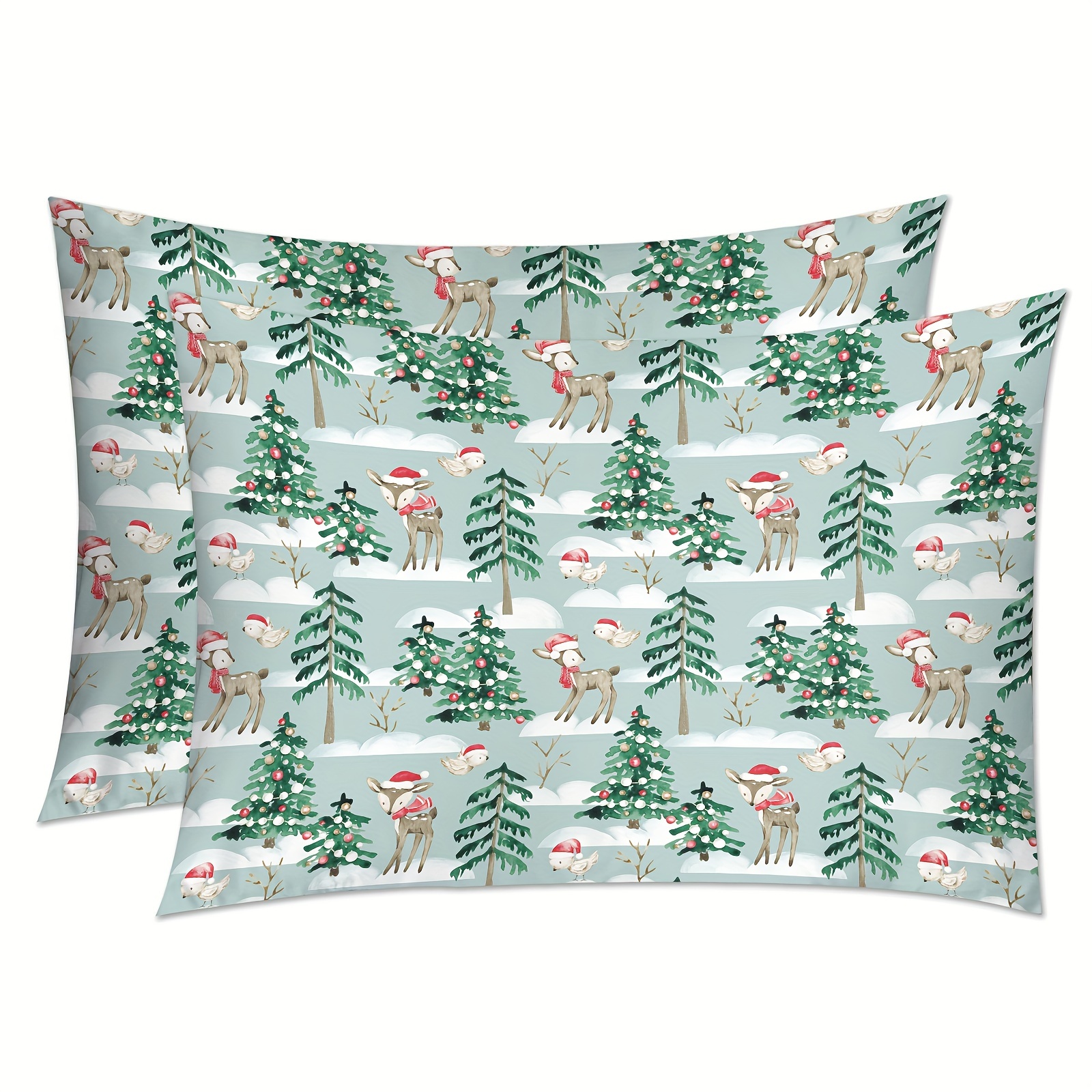 

Christmas Tree Reindeer Satin Pillowcases Set Of 2, Polyester 100%, Envelope Closure, Digital Print, Stain Resistant, Machine Washable, Woven Craftsmanship, Decorative Bedding Pillow Covers