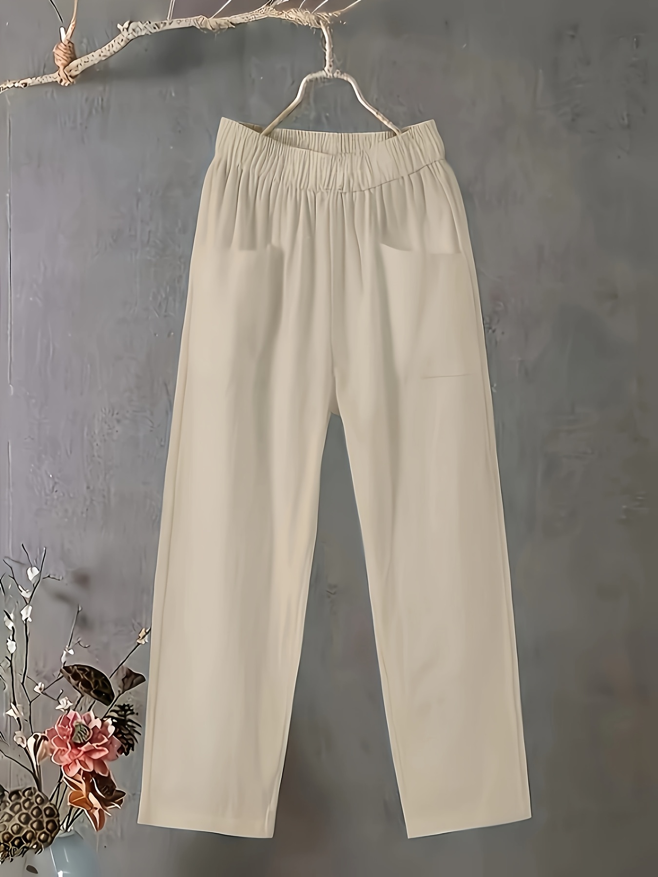 Women's Plus Size Lightweight Straight-Leg Pants - Casual White Harem Style, Elastic Waistband, Polyester, Machine Washable for Spring/Summer/Fall