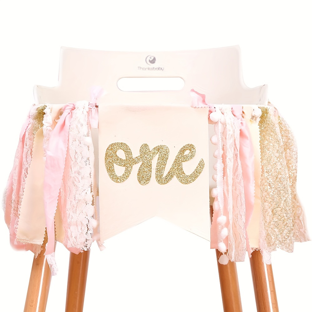 

1st Birthday Highchair Banner - Pink Princess Theme Fabric Banner For Baby Shower, Gender Reveal, Baptism, First Communion, Room & Garden Decor - No Electricity Needed