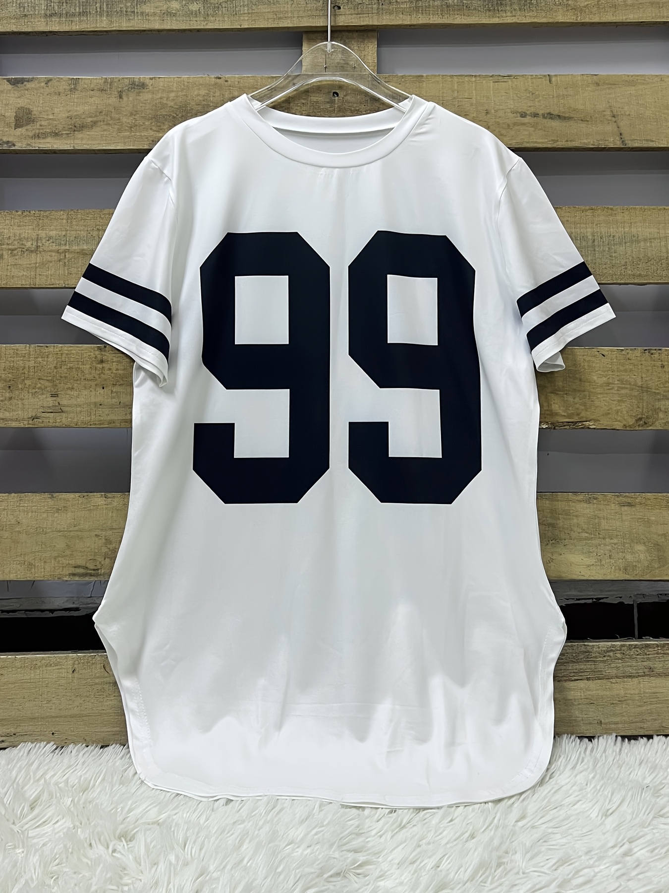 Women's Casual Longline T-Shirt with Bold '99' Graphic Print - Vibrant Blue Relaxed Fit, Mid-Stretch Machine-Washable Fabric for All-Season Comfort, Cute T Shirts, Everyday Clothing, Sporty Aesthetic, Stretchy Material