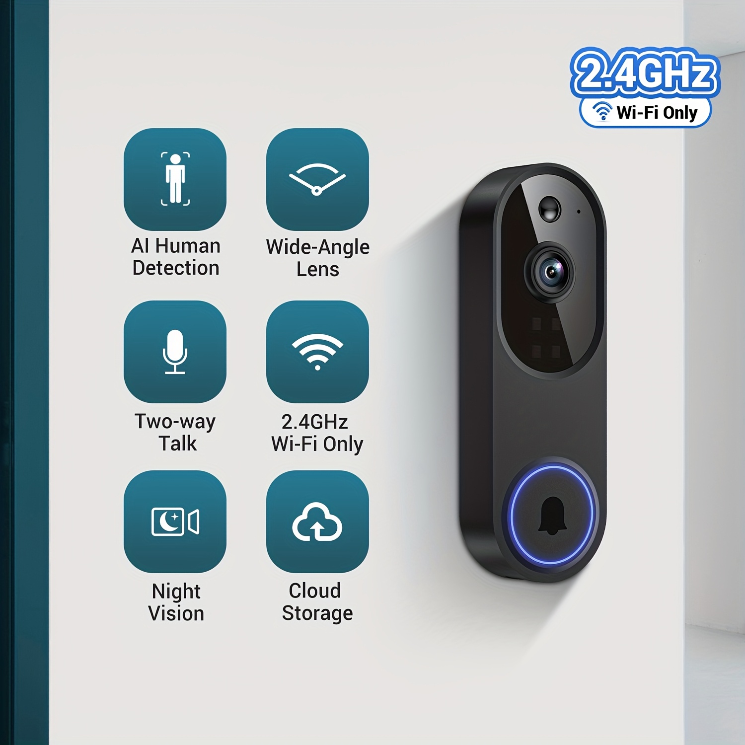 E-shop Kabellose Video Türklingel Kamera, 2.4G Wifi, Intelligente Sicherheits Türklingel Kamera, KI Menschliche Erkennung, Nachtsicht, Sofortwarnung,