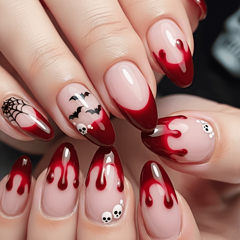 TEMU Upgrade Your Look 24pcs Wearable Nail Stickers Halloween Bat Web Red Gradient Premium Versatile Temperament Brightening Fake Nails Extendable