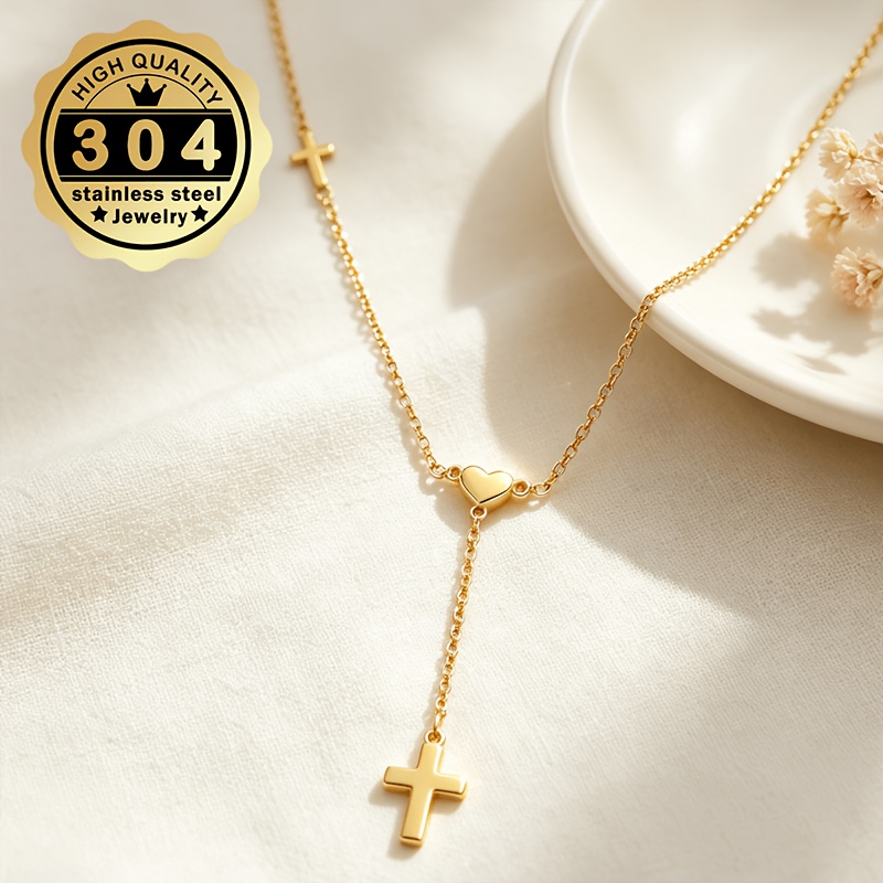 Women's Heart Cross Y-Shaped Necklace, Stainless Steel