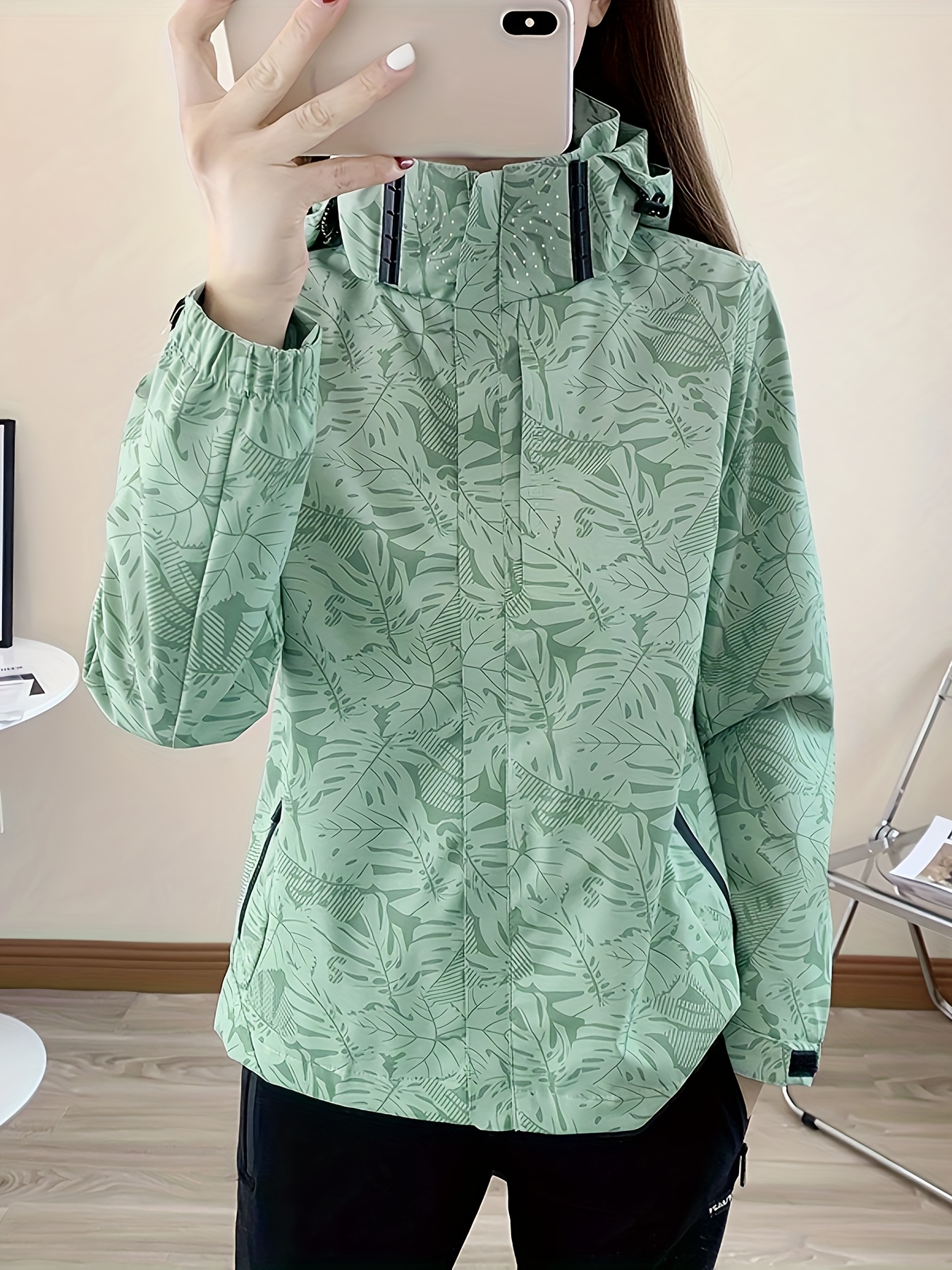 Leaf Print Outdoor Jacket Removable Hood Women's Windproof - Temu