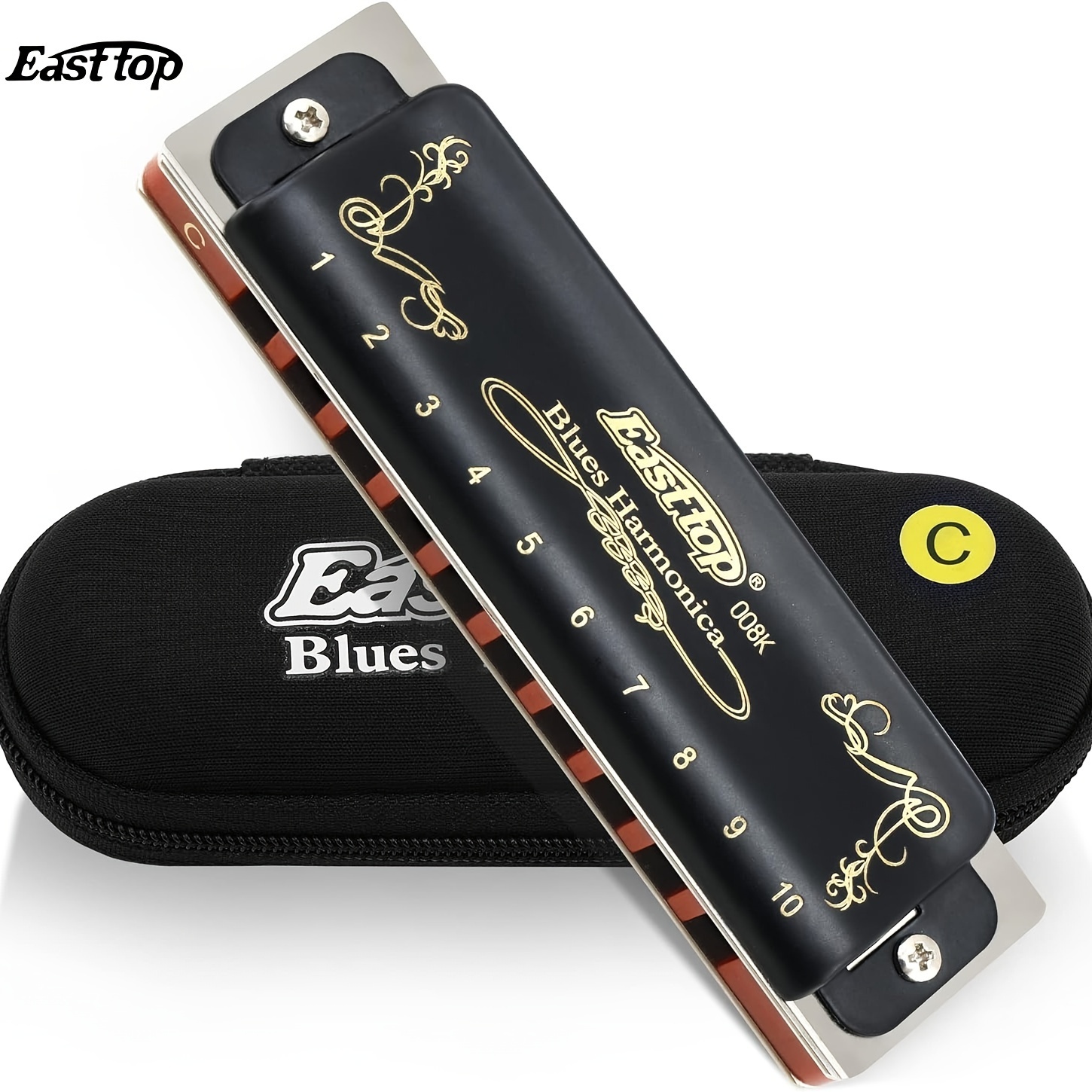 TEMU Harmonica C-00bk: 10-hole C Key, Metal Construction, , Comes A Carrying