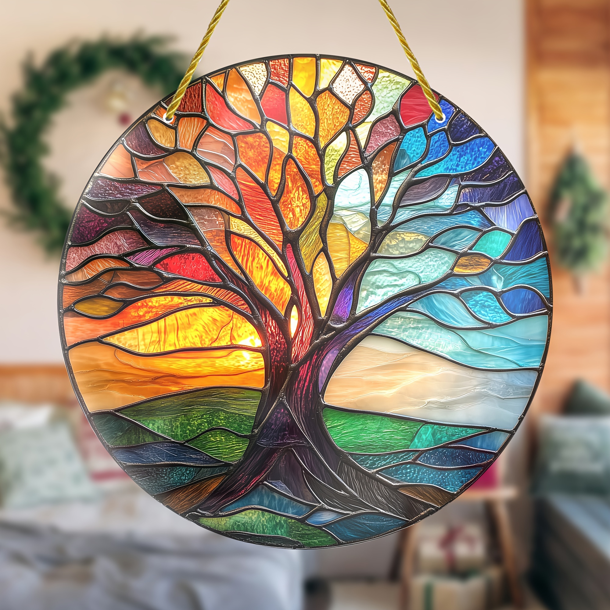 

Tree Of Life Stained Glass Suncatcher - 8" Round Hanging Window Art, Vibrant Decor For All Seasons, Ideal Birthday Gift For Mom, Women, And Friends, Whimsical Home & Office Decor, Indoor & Outdoor Use