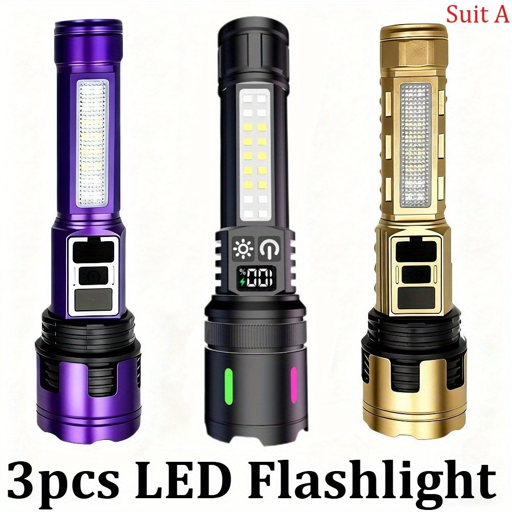 TEMU 3pcs Multifunctional Flashlights Rechargeable Led Flashlights Usb Charge Portable Light Cob Side Light 7 Lights Suitable For Outdoor
