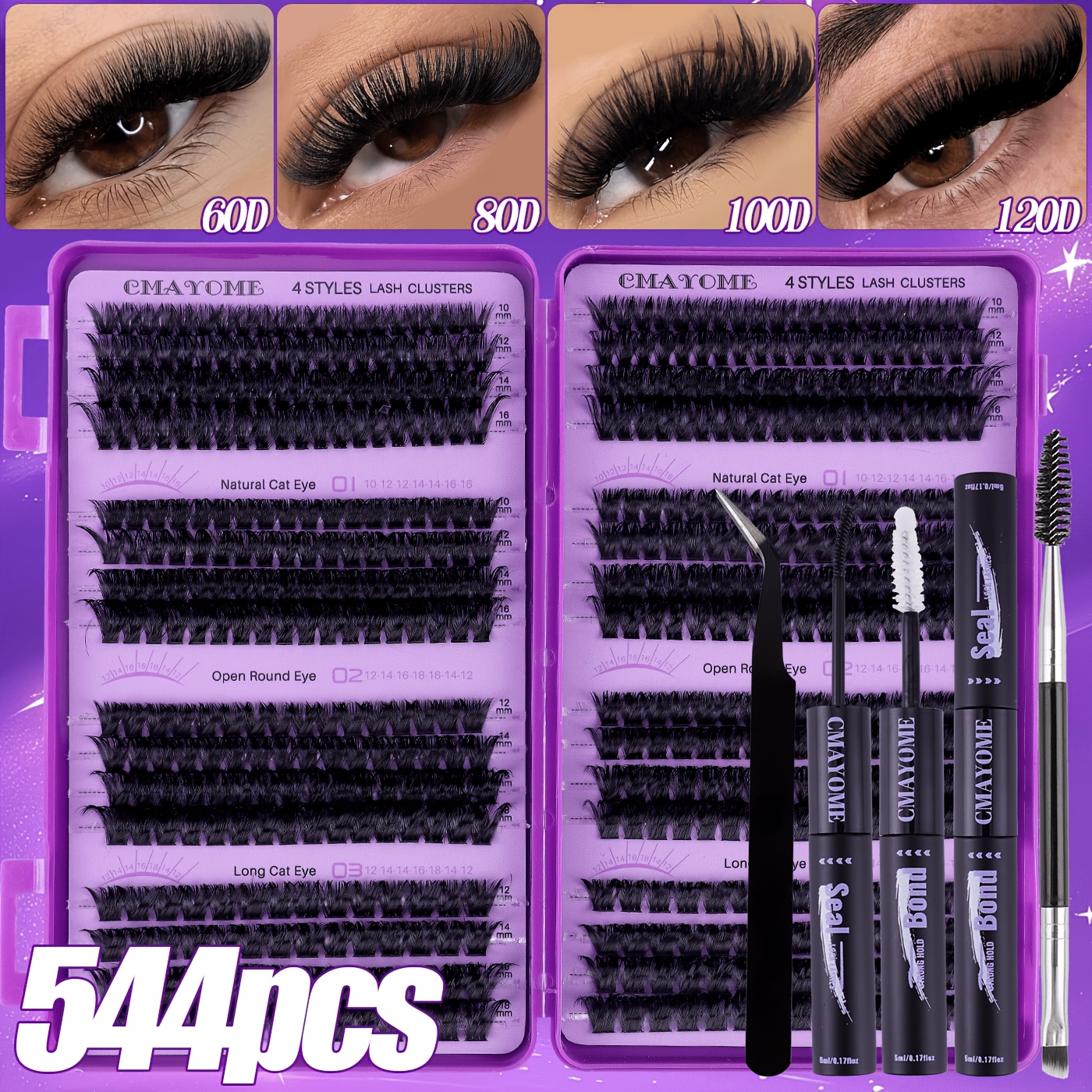 TEMU 544 Stk. Einzelwimpernverlängerungen, hohes Volumen, Wimpernlockentypen 60D + 80D + 100D + 120D, 10-16mm, natürlicher Look, dicht, , leicht,
