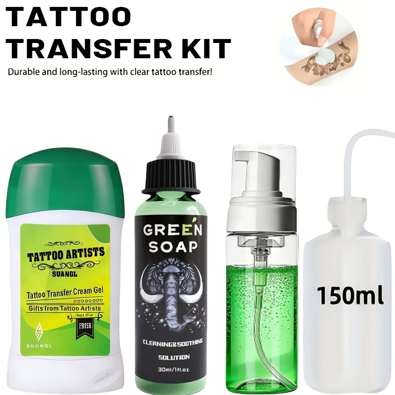 TEMU [4pcs Tattoo Transfer Kit] 70g Ink Gel 01 Fl Oz/10.1 Fl Oz Solution - Complete Tattoo Art Set Featuring Squeeze Bottle And Foam Bottle, Easy