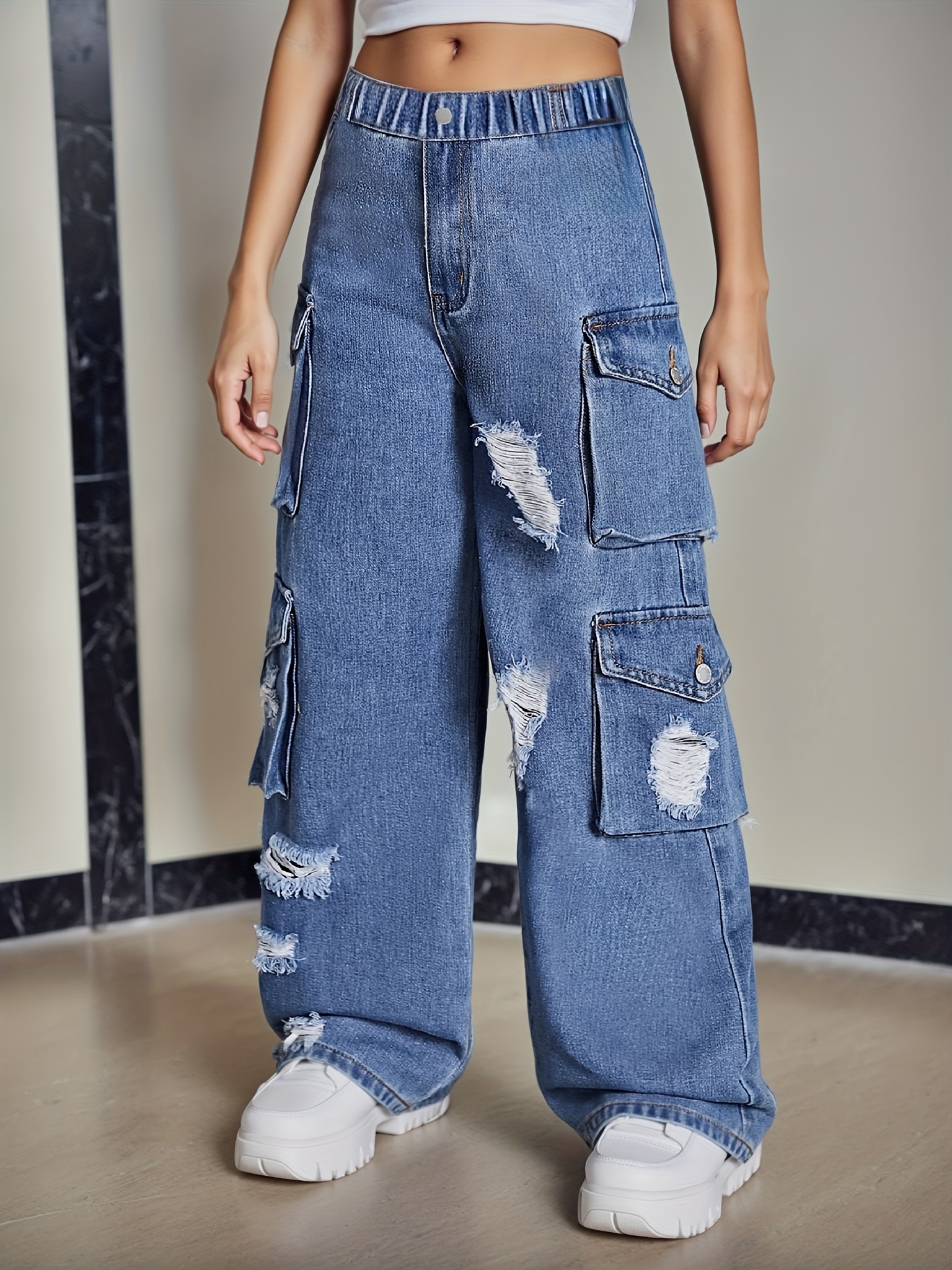 y2k style kids girls washed denim cargo pants loose fit