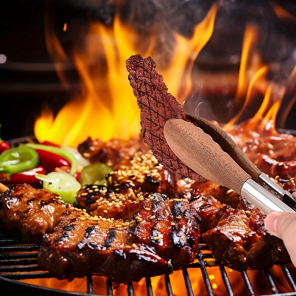 12 inch bbq walnut stainless steel sliding lockable grill tongs for buffet salad bread pairing outdoor and kitchen grilling tools hallowmas christmas Product details 2