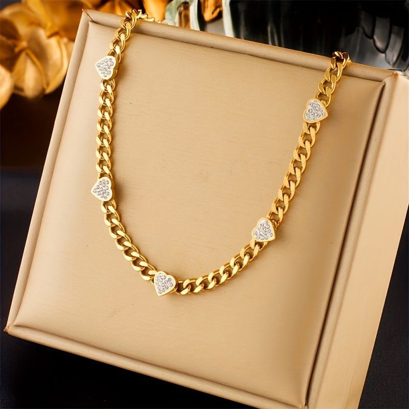 

18k Golden Plated Stainless Steel Necklace With Heart-shaped Zirconia Pendant - Vintage Punk Style Chain For Daily Wear