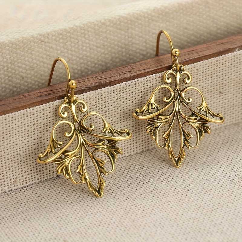 Image of Natural Jewelry, Leaf Earrings, Golden Color Hollow Out Dangle Drop Earrings, Elegant Vintage Earrings | Victorian Boho Bridal Jewelry Bridesmaid Gift