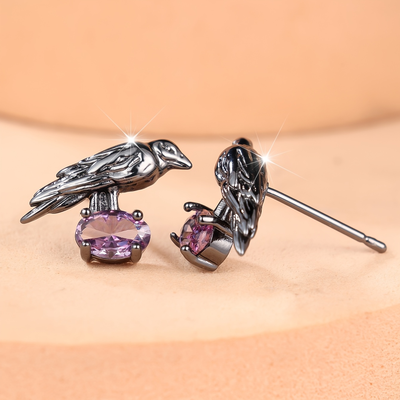 Women's Gothic Pave Amethyst Cubic Zirconia Crow Earrings, Statement Jewelry