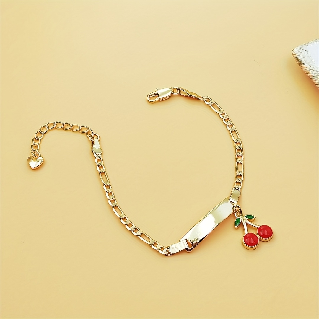 TEMU Custom Laser Engraved 18k Golden Plated Stainless Steel Cute Strawberry Cherry Charm Bracelet - Personalized Name Gift, Birthday Graduation