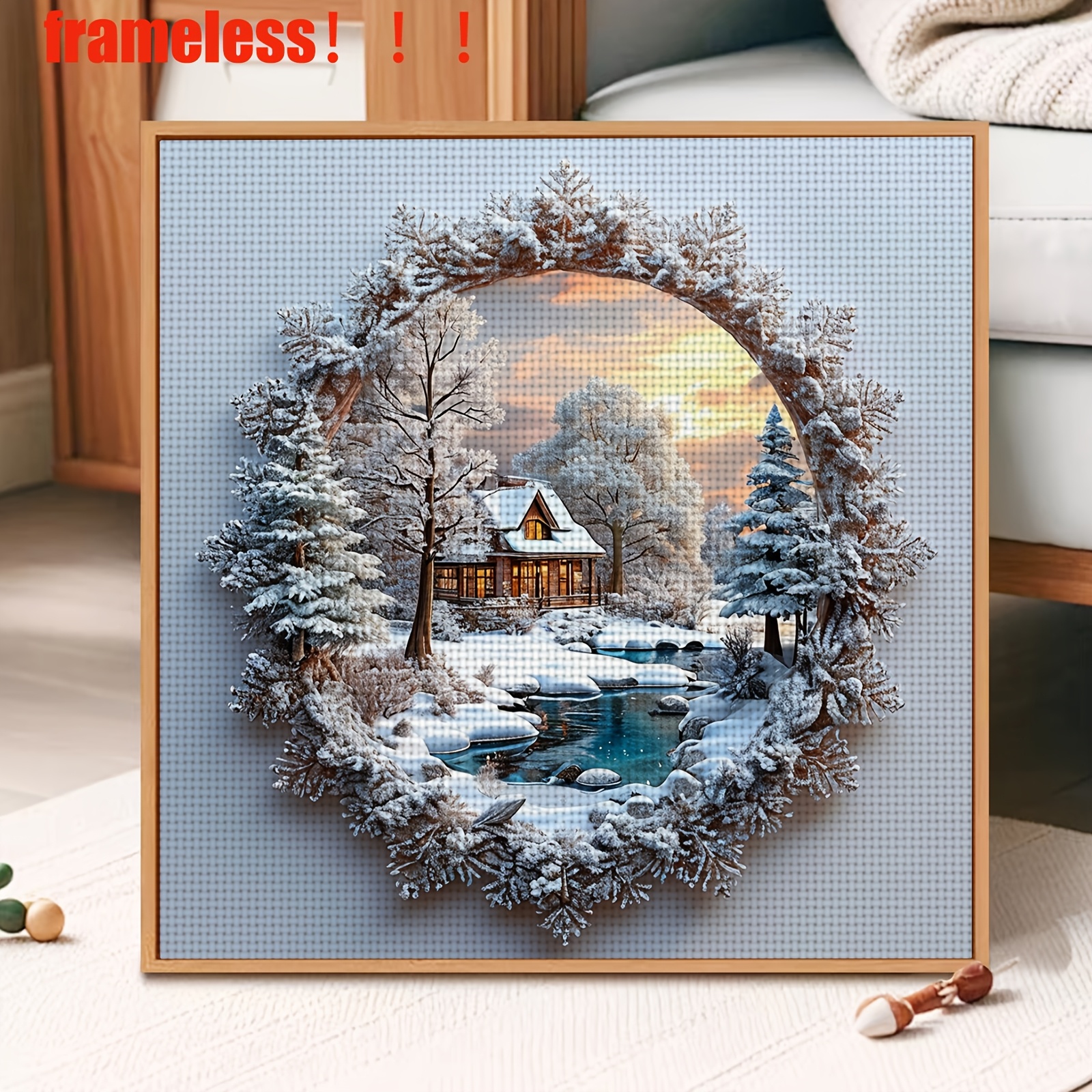 TEMU 1 Set Frameless 11ct/14ct Printed Fabric Cross Stitch Diy Kit "round Frame Snowy Cabin", Living Room Bedroom Home Wall Decor Handmade Diy Cross