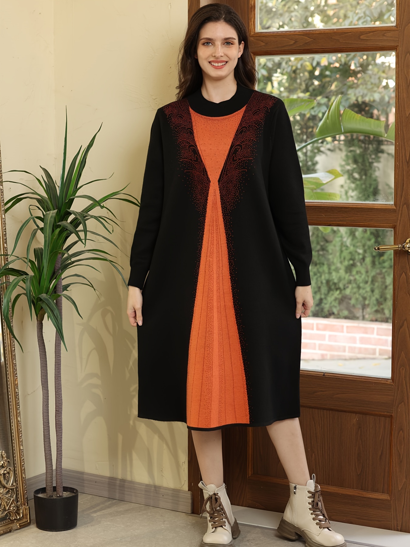 Knitted A-line Crew Neck Dress, Elegant Long Sleeve Dress For Fall &  Winter, Women's Clothing