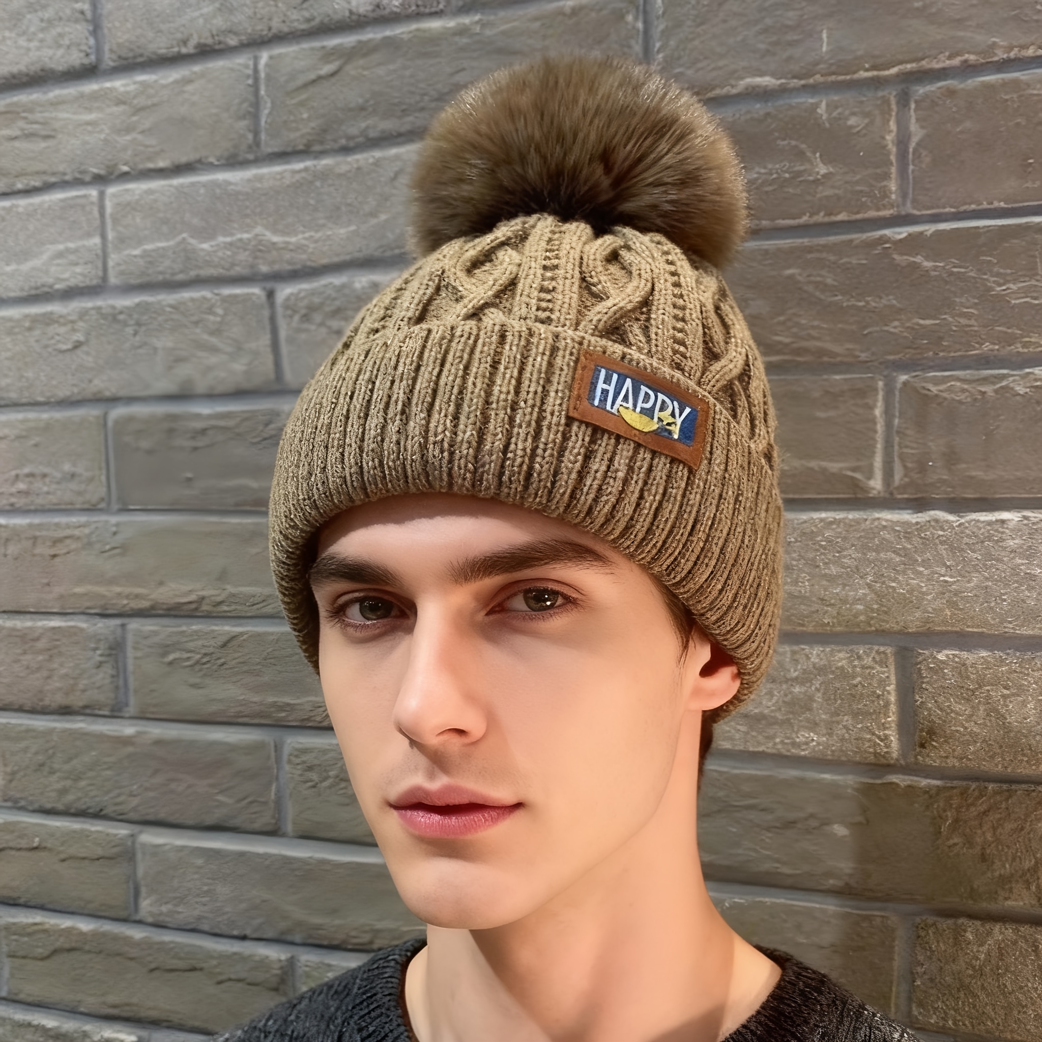 unisex knitted beanie pom pom striped ribbed design - Temu  display picture 2