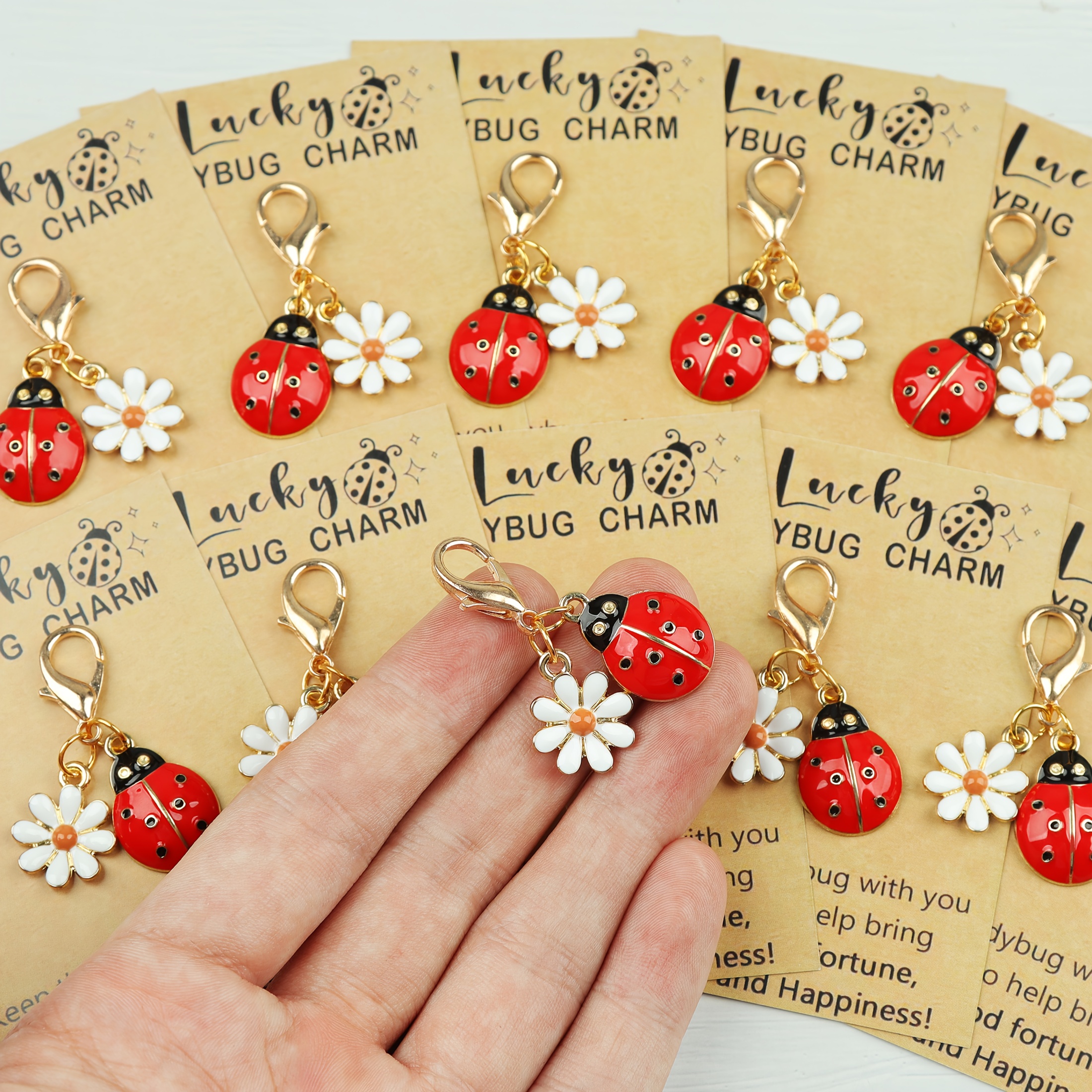 set of 10   ladybug and daisy keychains   with   ladybug cards great for celebrations birthdays weddings graduations christmas thanksgiving and more adorable and humorous ladybug presents perfect as party favors or travel  