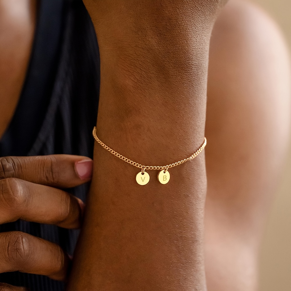 TEMU Custom Personalized Mini Round Disc Initial Bracelet | 18k Golden Plated, Elegant Easy Style, Ideal For Daily Wear And Gift-, Perfect For