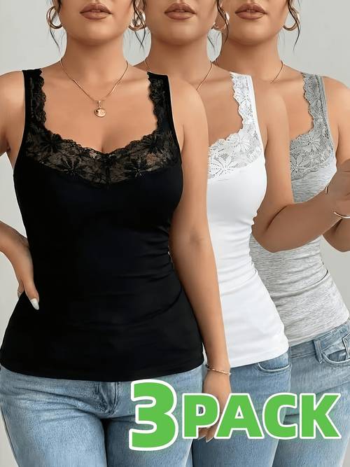 three pieces of plus size new lace trimmed sleeveless womens tank tops summer easy and comfortable layering tops breathable and soft ideal for swimming and everyday loungewear or sleepwear womens sleeveless tops