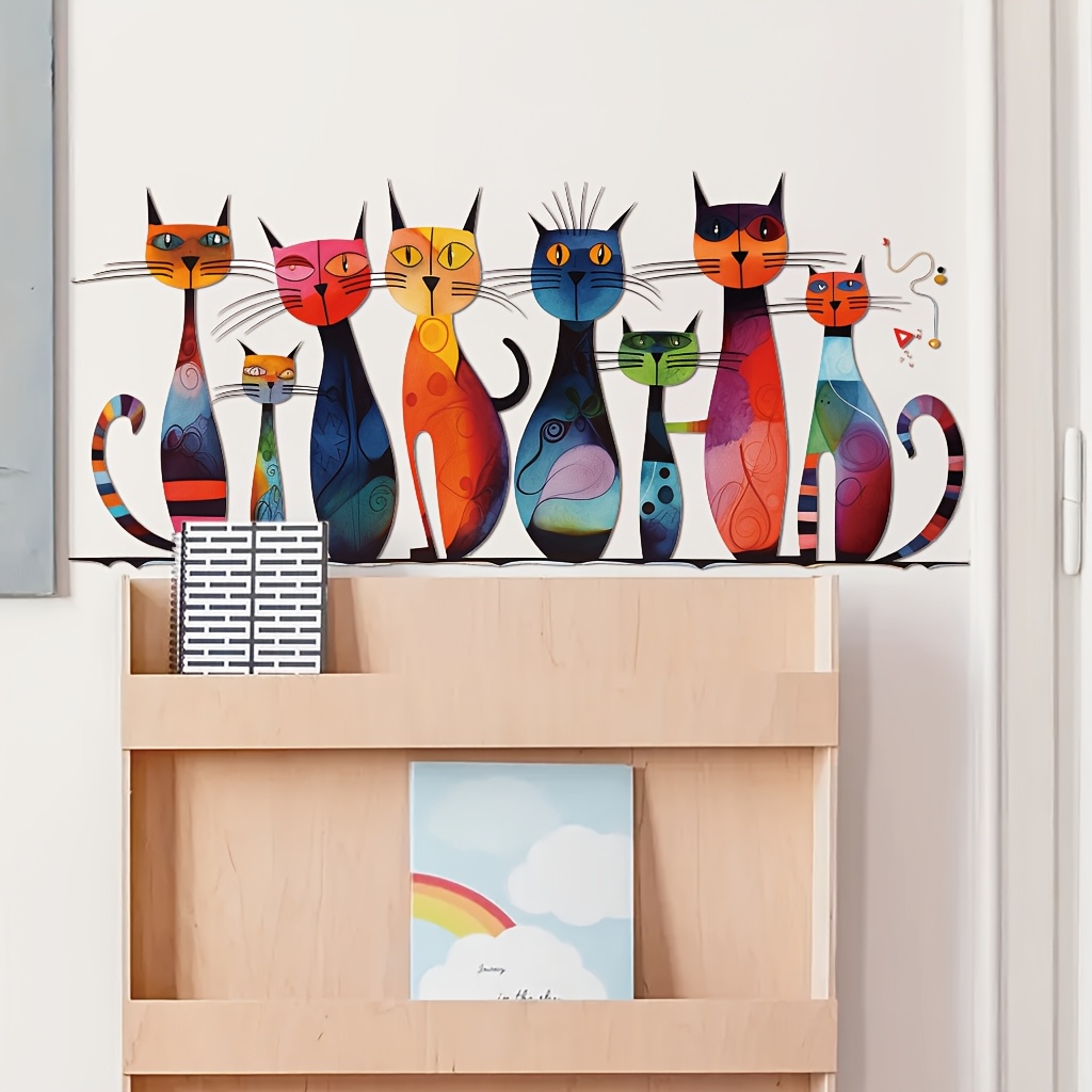 Image of 1pc Colorful Cat-themed Wall Decal | Contemporary Vinyl Decor For Living Rooms And Bedrooms, Self-adhesive, Glossy End, Single Use