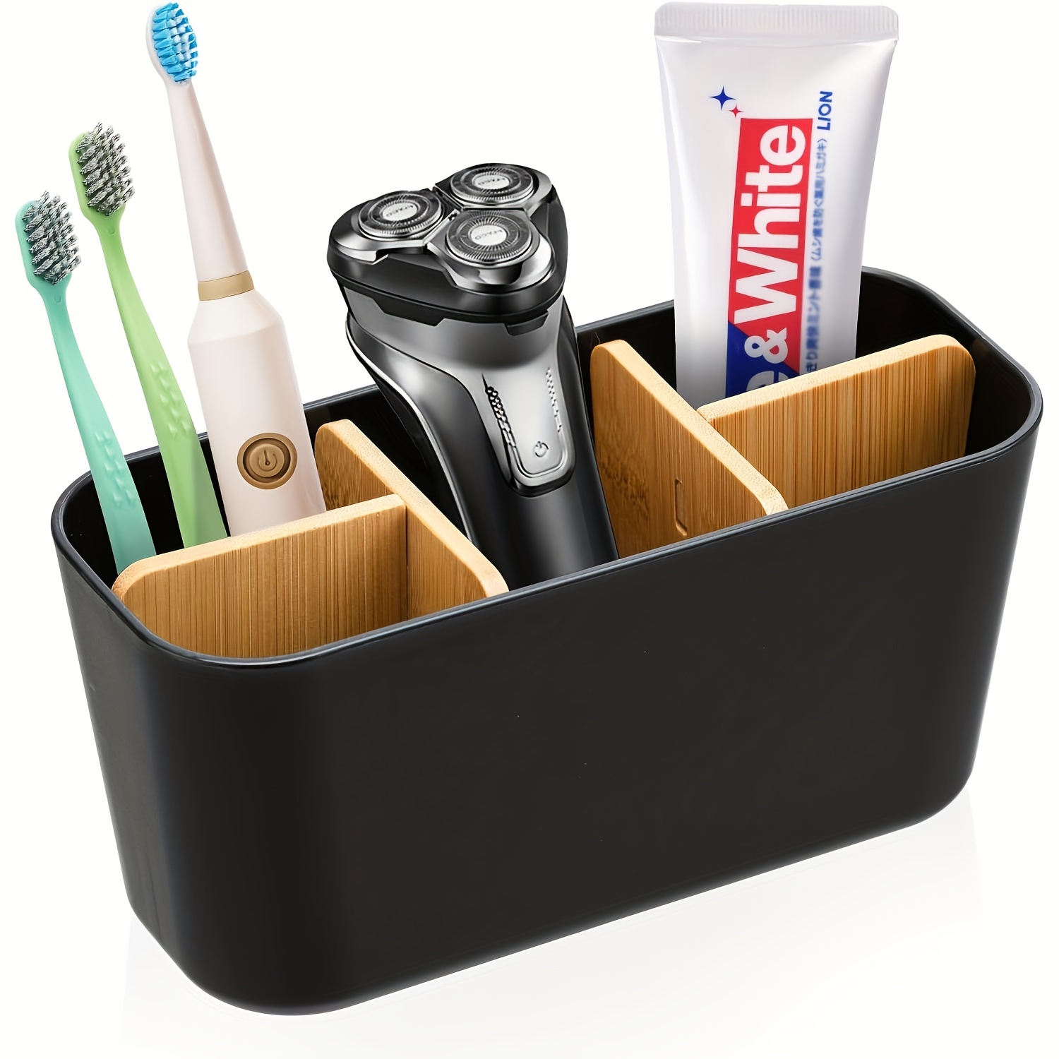 

Boîte de Rangement de Bureau en Bambou avec 4 Emplacements pour Brosses à + 1 Emplacement pour Dentifrice, Porte-Brosse à Électrique Multifonction, Boîte de Rangement pour Bureau et Salle de Bain