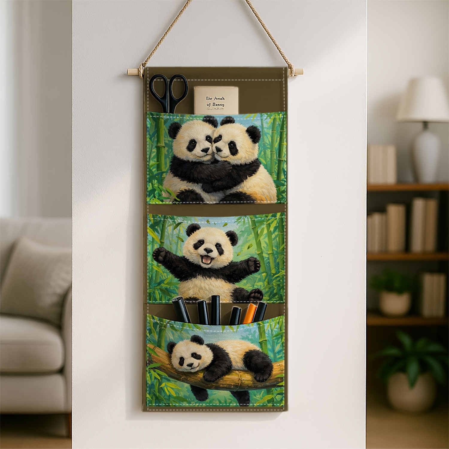 TEMU 1pc - Cute Animal- Classic Wall-mounted Storage With 3 Pockets,panda Scene- Bedroom Wall Layout, Hanging Organizers, Multi-use Door Back Closet