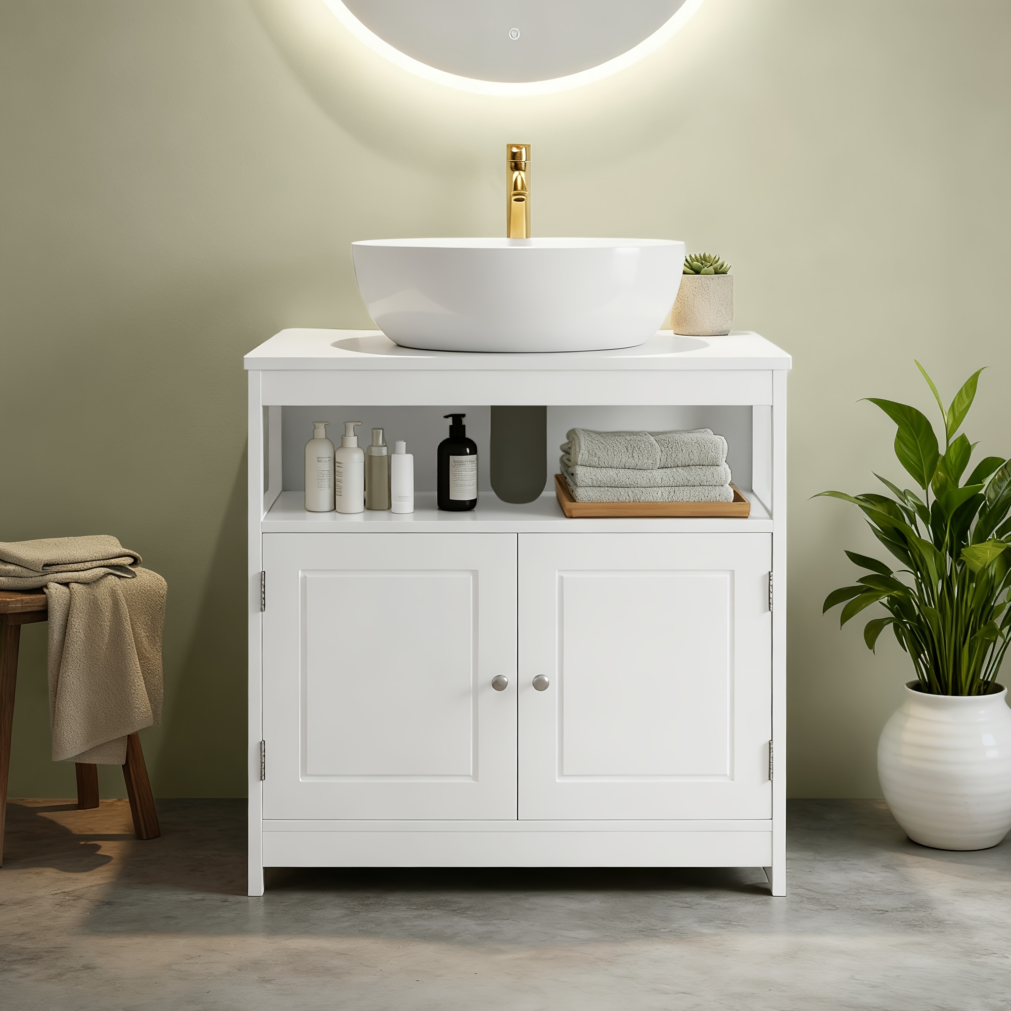 Contemporary Bathroom Storage Unit, 30 X 60 X 60 Cm, Featuring An Open Section And Handles, Finished In