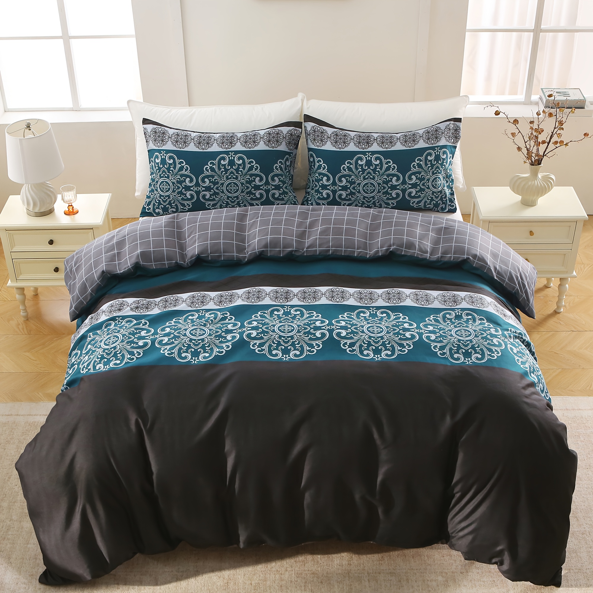 TEMU 3pcs Ultra Soft 100% Microfiber Duvet Cover Set (1*duvet Cover + 2*pillowcase, Without Core), Bohemian Bedding, Suitable For Double Queen And