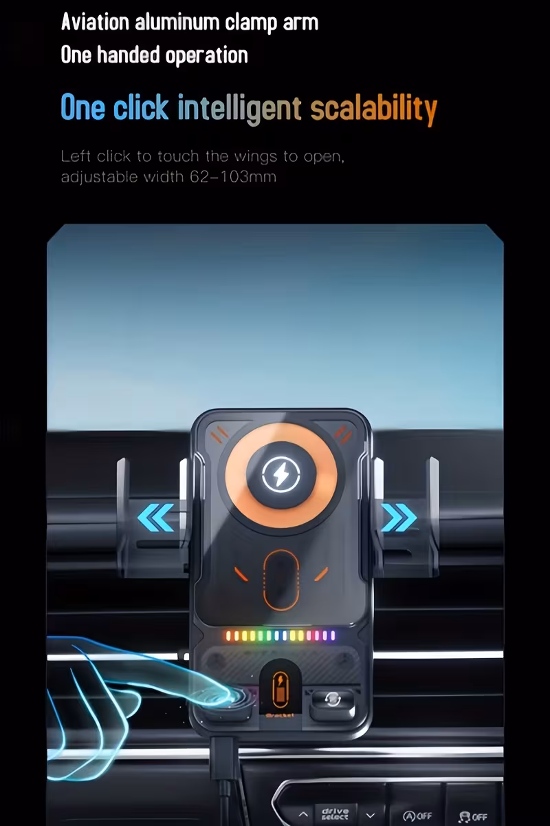 2025 new model car fast charging wireless charger universal phone holder can rotate for horizontal and use with ambient light supports charging wireless charging phones details 1