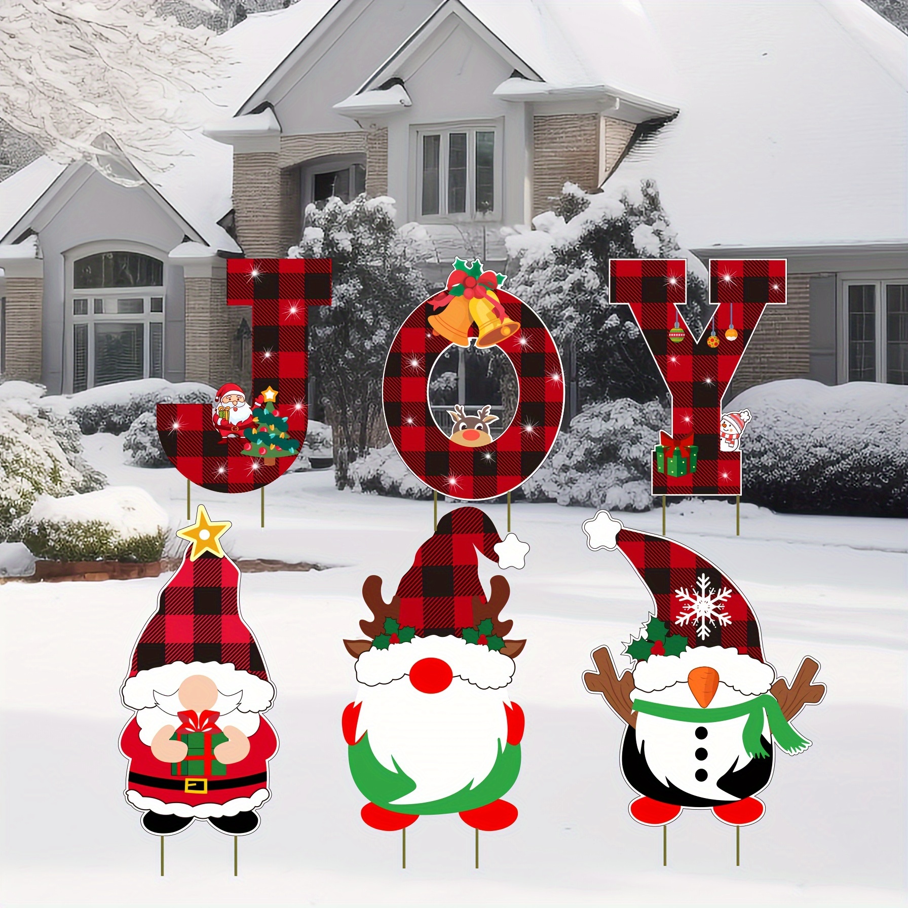 

6pcs Christmas Yard Sign With Stainless Steel Metal Stake Black Cow Plaid Joy Jurassic Santa Claus For Outdoor Yard Lawn Indoor Decoration Christmas Decoration Props