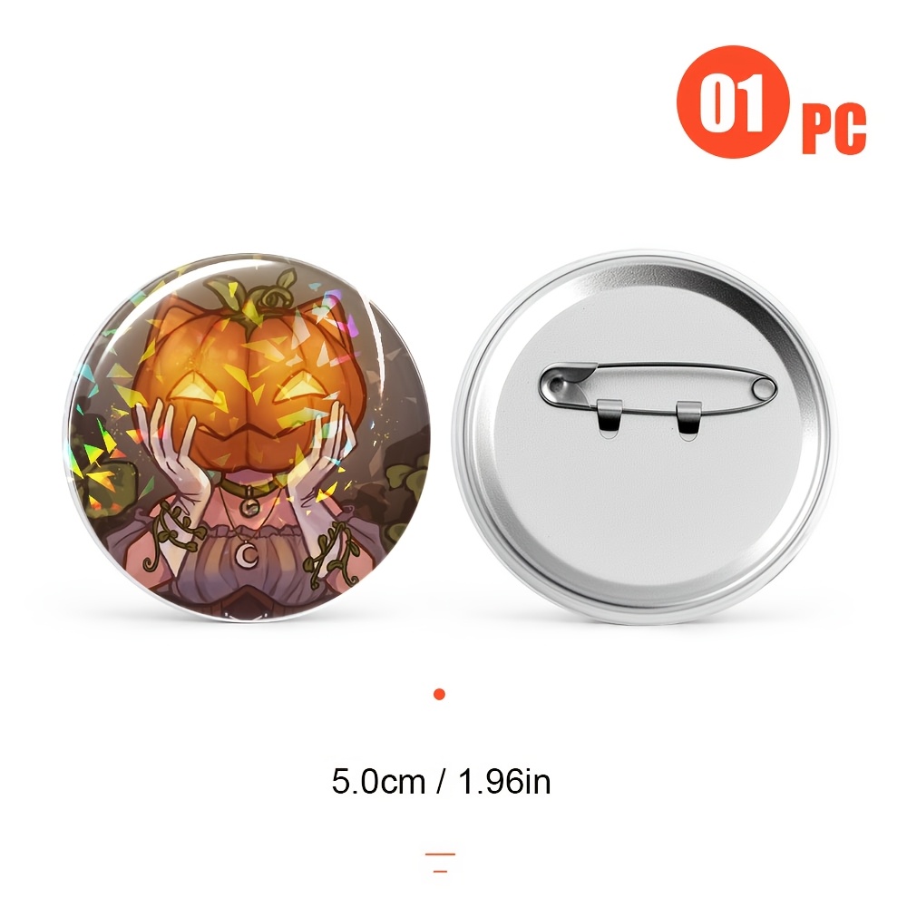 TEMU 1pc Custom Pin Badges Add Your Own Photo Text Or Logo Spooky Bag Accessory Jack O Lantern Character Holographic Shard Film