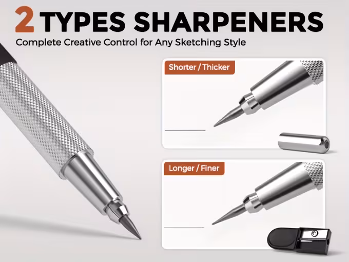 34 peças conjunto de lápis mecânico artístico com estojo, 6 lápis de desenho metálicos 0.5&0.7&0.9&2mm com porta-grafite (6b 4b 2b hb 2h 4h cores) para esboço e desenho com 19 de grafite - material escolar detalhes 2