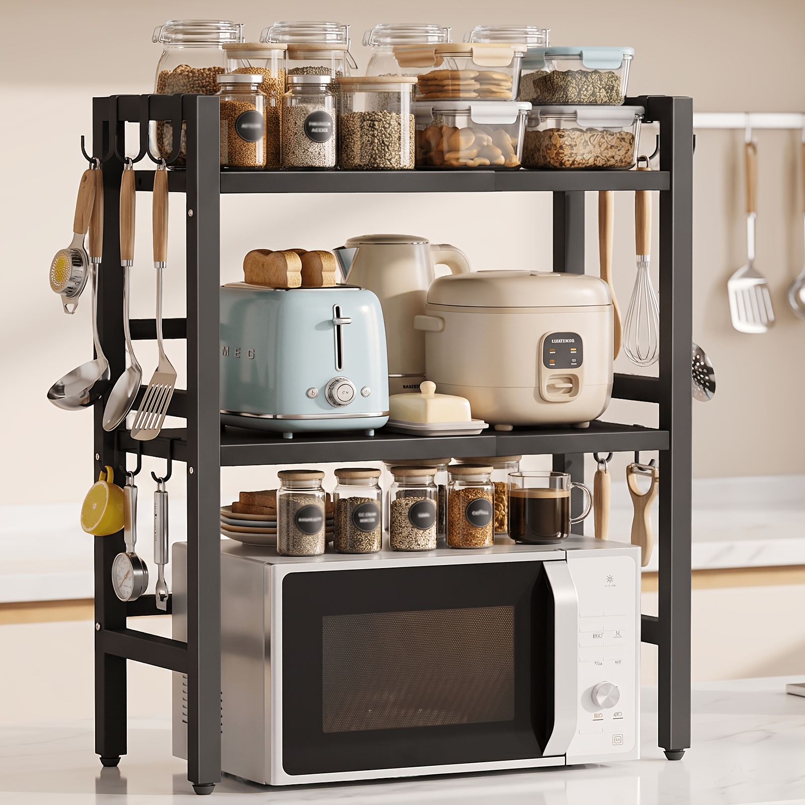 Kitchen Microwave Oven Rack, 3-tier Expandable Countertop Rack With 6 Hooks, For Kitchen Shelf, Spice Rack And Microwave Cabinet Storage. Black. Height And Width Adjustable Shelf.