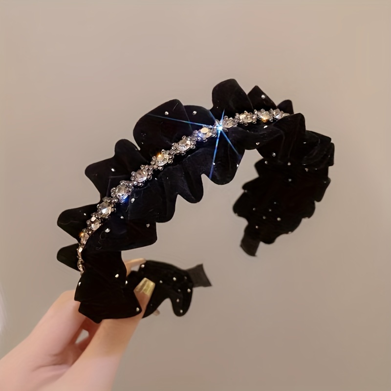 1pc Autumn And Winter Pleated Velvet Headband Hair Additions Fashion Rhinestone Shiny Starry Sky Headband Women's High Skull Top Wide Brim Hairband Hairstyle Additions Suitable For Daily Wear