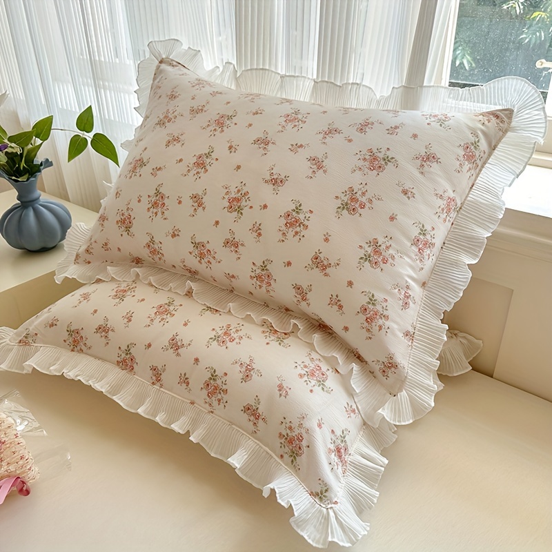 Image of 2pcs Pink Floral Pillow Covers, Soft Breathable Polyester, Ruffle Trim, Zip Closure, Machine Washable - Ideal For Dorms, Bedrooms, And Hotels