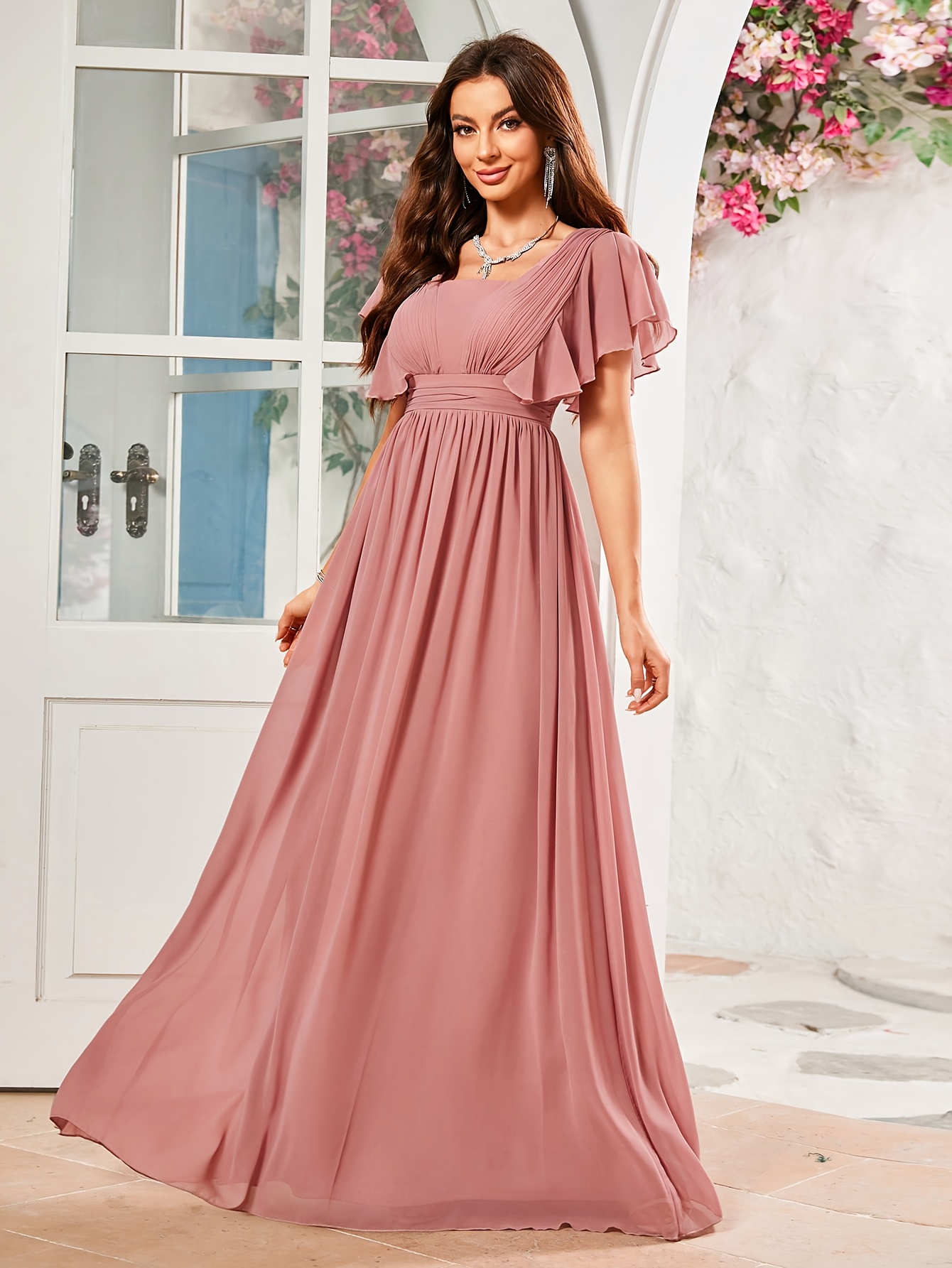 knee length dresses for ladies Pink Plunging Neck Flutter Sleeve Chiffon A-Line Slit Bridesmaid Dress main image 0