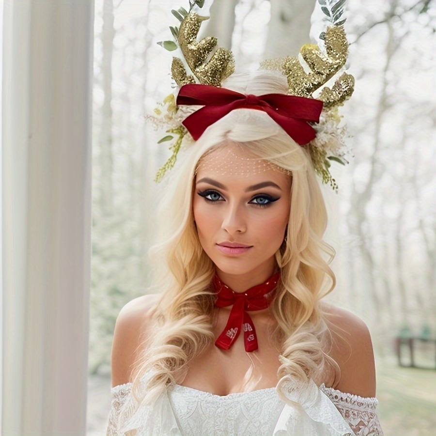 

Reindeer & Bow Headband - Red, Christmas Party Accessory For Women And Girls