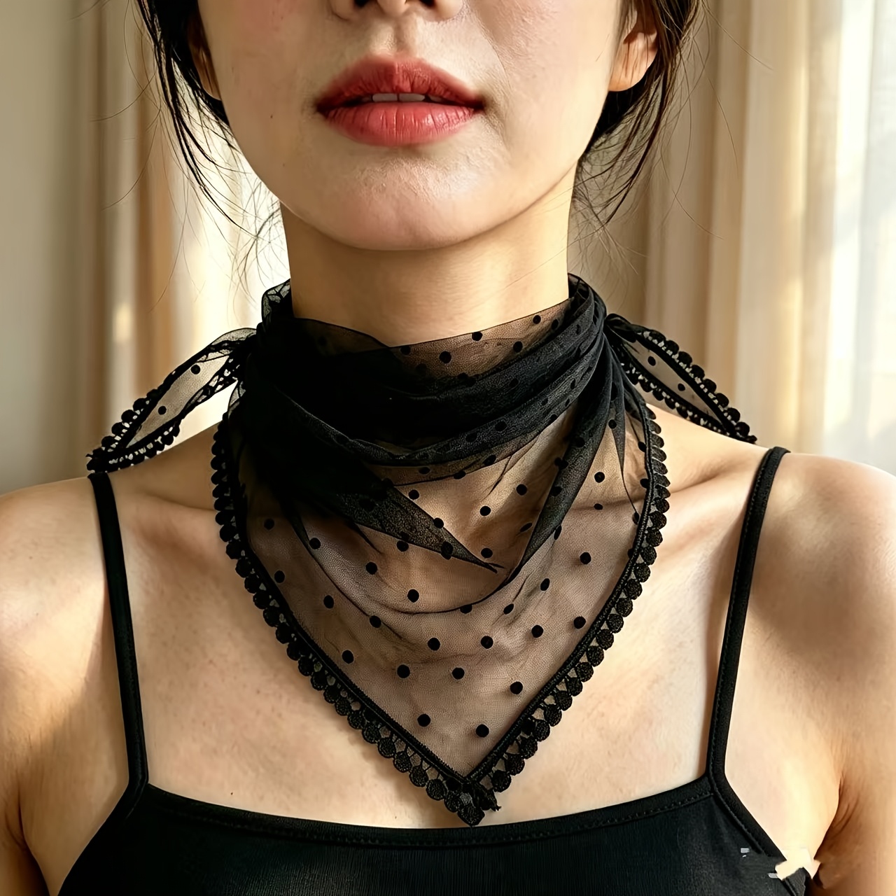 Black Lace Ruffled Polka Dot Scarf, Triangular Neck Scarf
