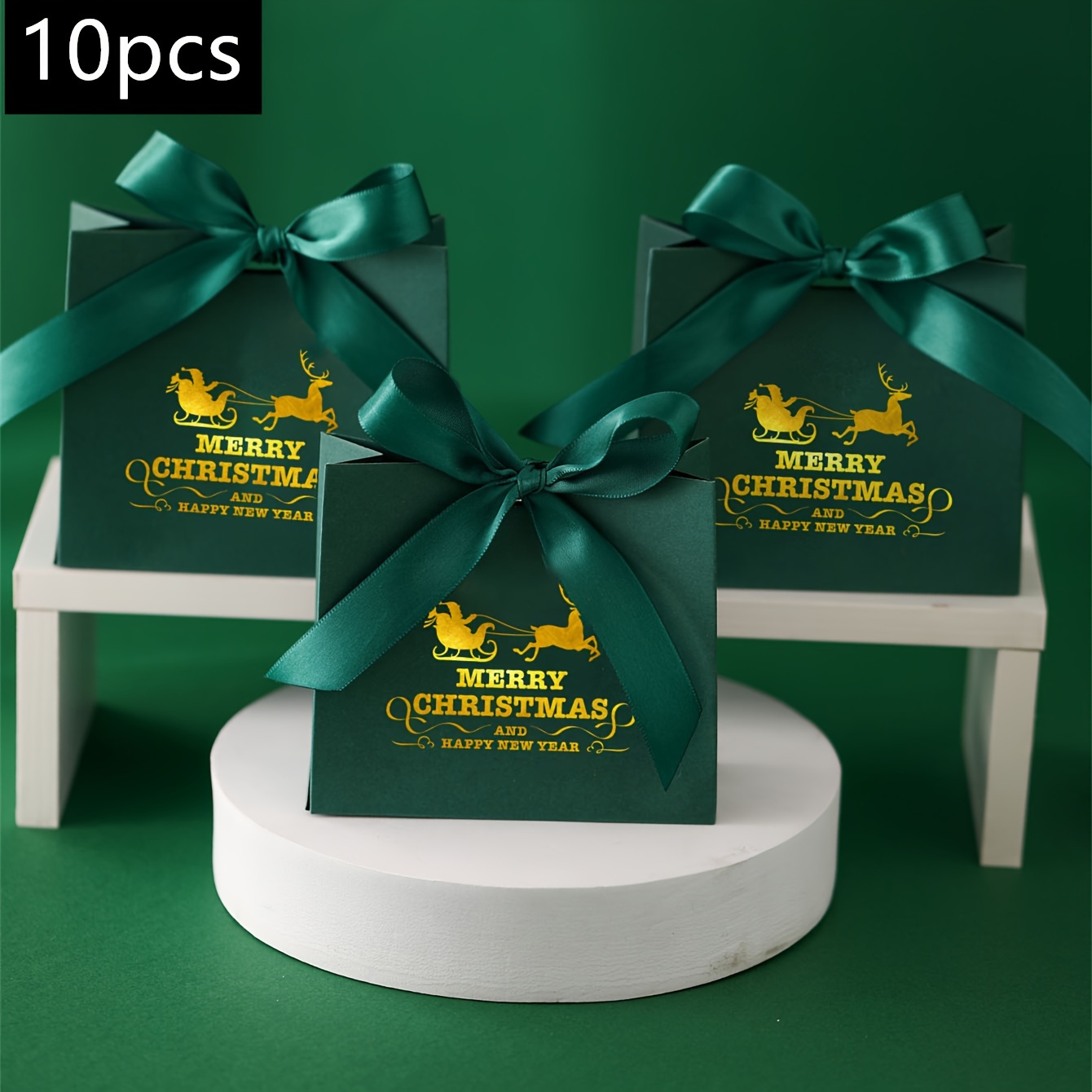 Image of 10/50pcs Merry Christmas And Happy New Year Mini Gift Bags, Festive Paper Party Favor Boxes With Green Ribbon, Holiday Chocolate Candy Packaging, Brand , Home And Kitchen Party Supplies