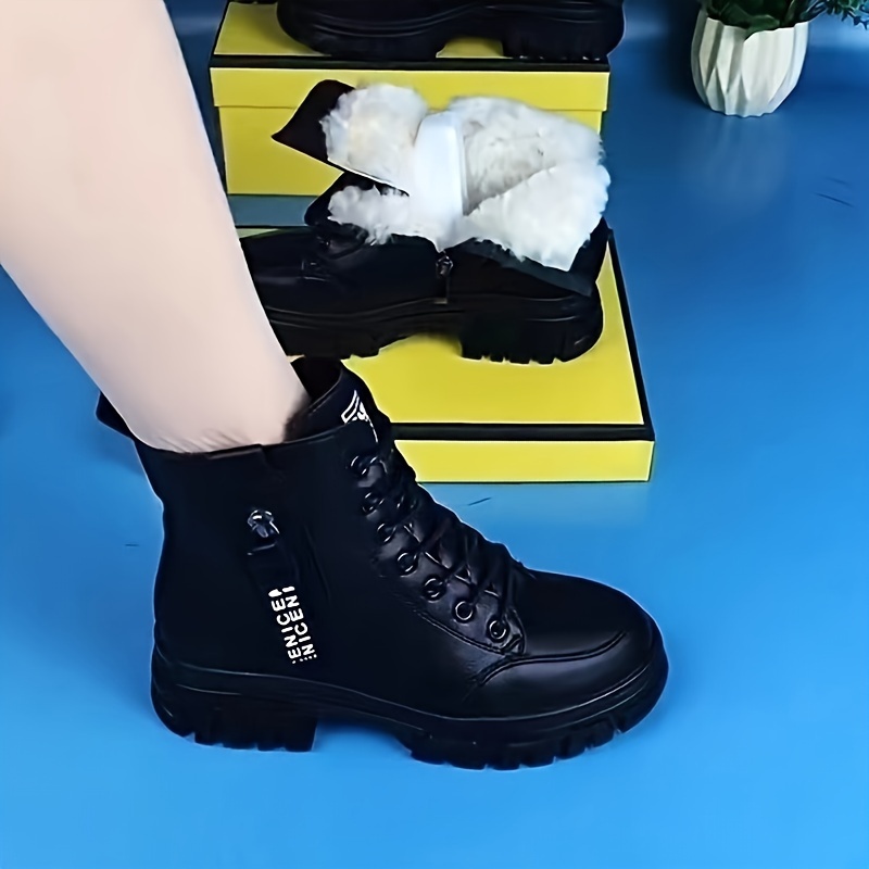 

Women's Solid Color Short Boots, Fashion Lace Up Plush Lined Winter Boots, Comfortable Side Zipper Ankle Boots