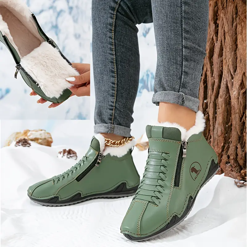 womens winter ankle short boots with plush lining warm zipper lace up closure round toe flat sole multi color options red blue white pink green washable synthetic cover casual boots for wear light outdoor activities winter boots for women elegant classy boots with heels wide width boots for women winter boots for women high quality snow boots shoes for women Product details 9