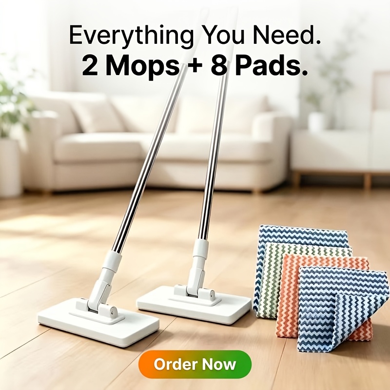 TEMU 10pcs Set Heavy-duty Automatic Flat Mop With Cloth Change, Rotatable Cleaning Mop, Disassembly Design, Wet/dry Use Floor Mop For Hardwood, Tile,