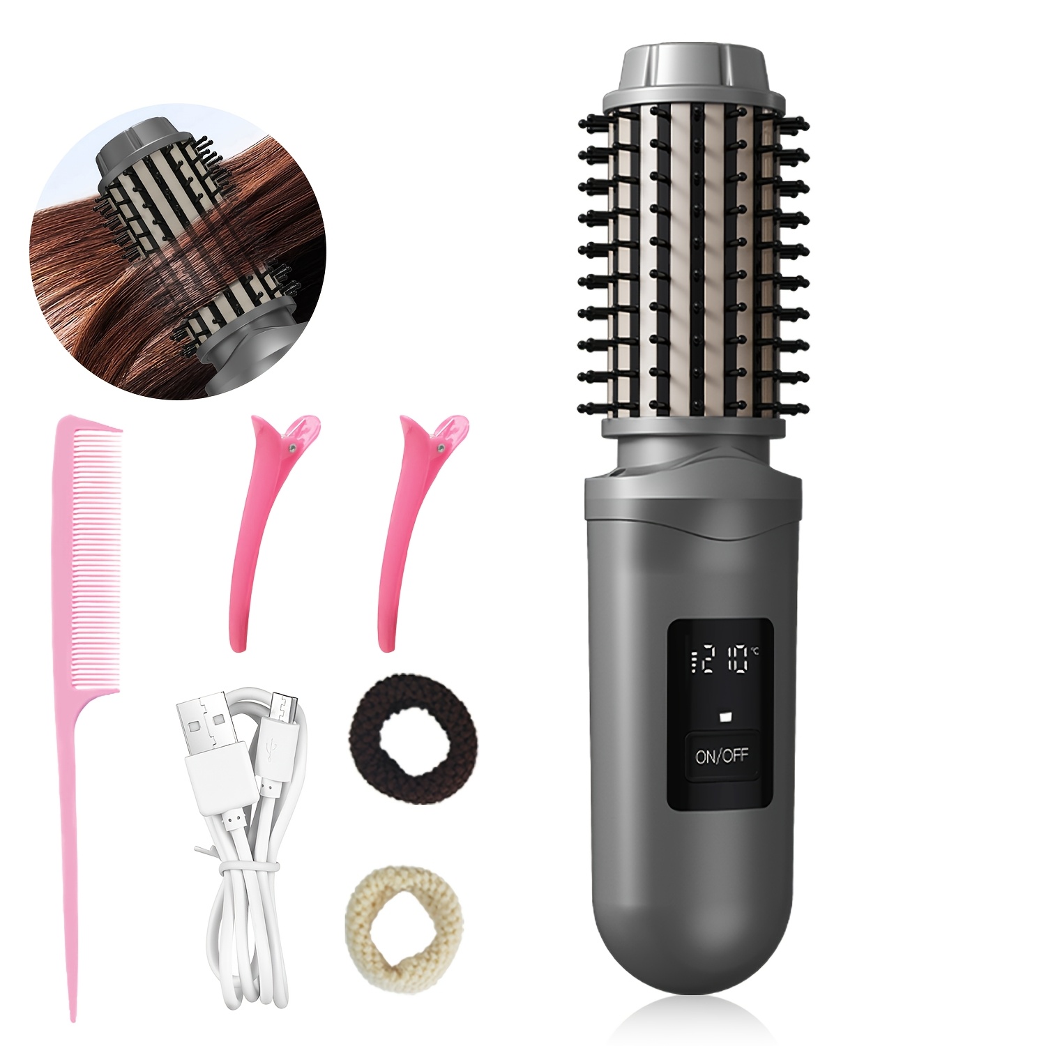 TEMU Wireless Cordless Hair Curler And Straightener Brush-rechargeable 2-in-1 Styling Tool With Led Display